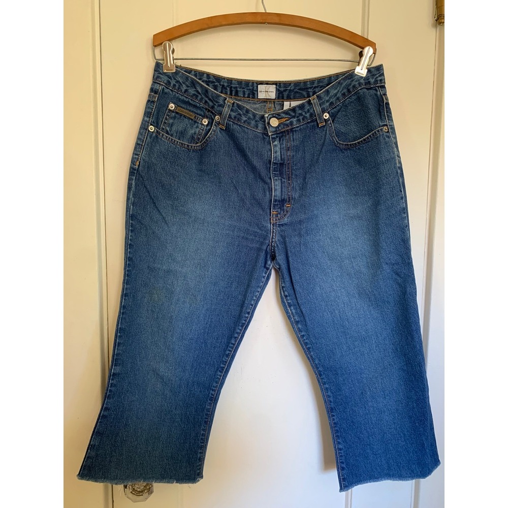 Calvin Klein Jeans Womens 13 Blue Denim Raw Hem Crop Flare Jeans